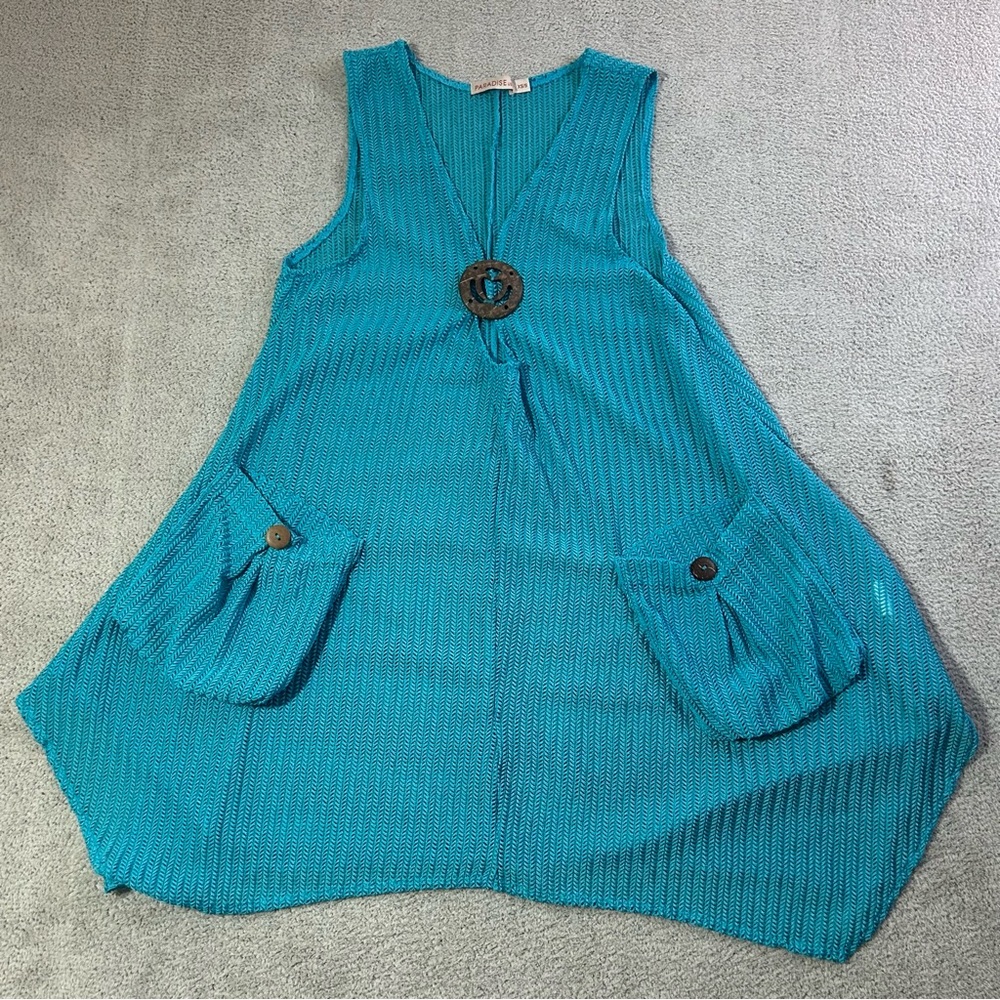 Paradise USA Boho Artsy Knit Tunic Vest Top Women’s XS Blue Chevron Pocket Drape